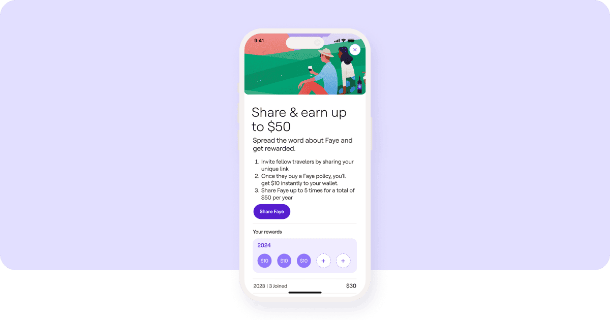 Share & earn app screen in the Faye app