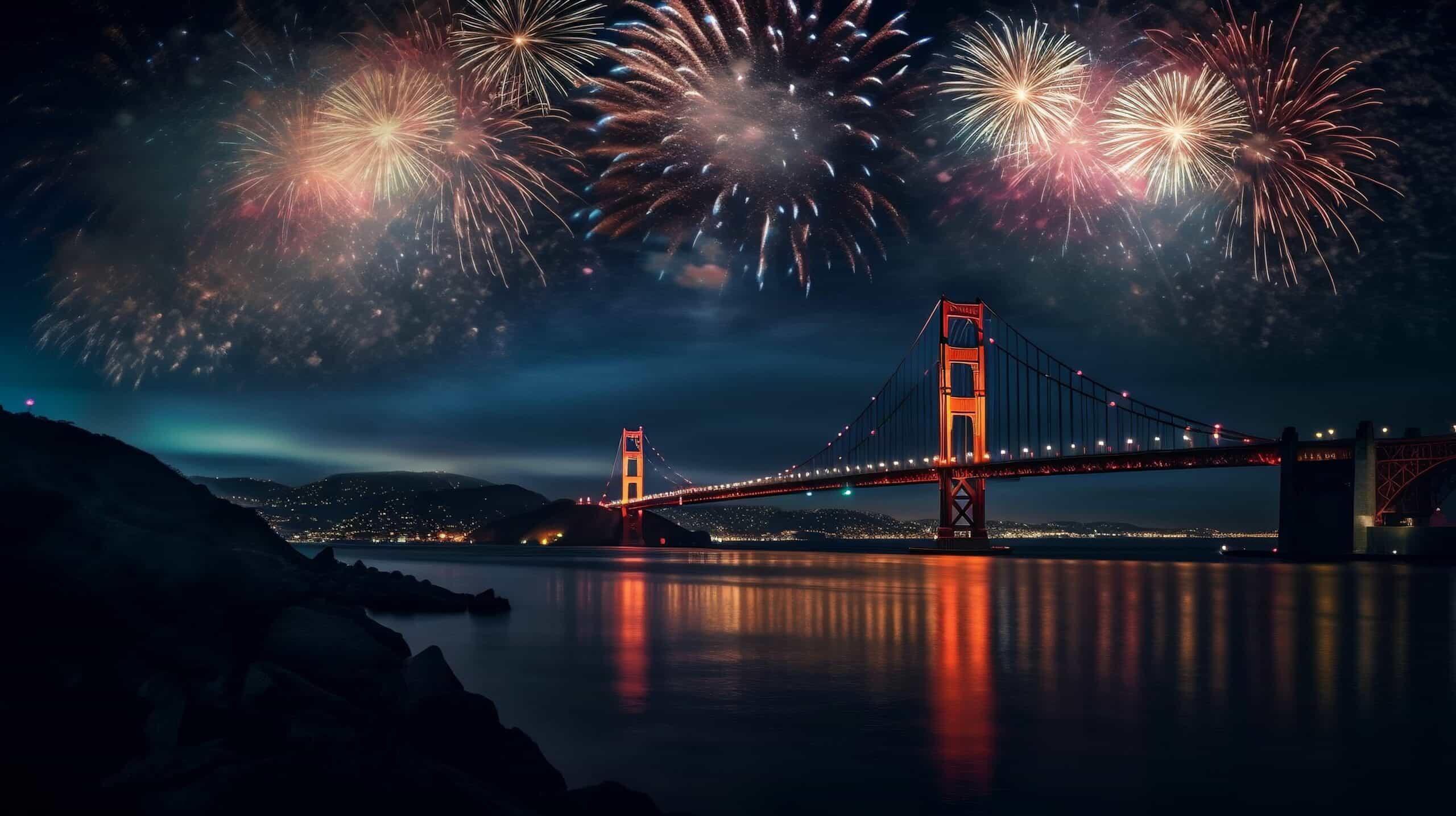 Fireworks happening over the Golden Gate Bridge in San Francisco.