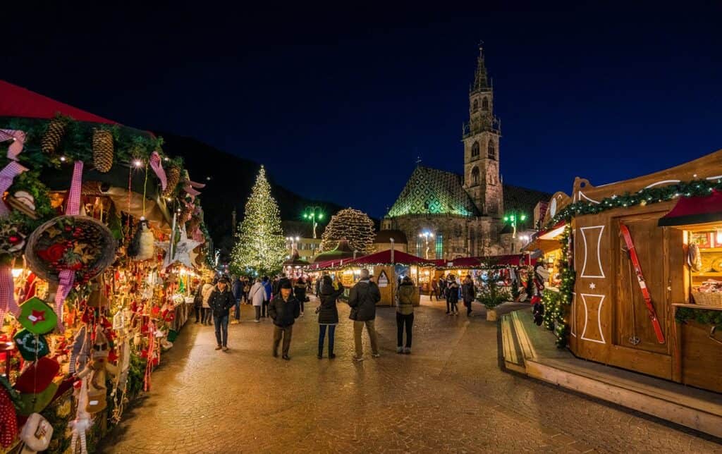 Christmas market in the evening in Trentino Alto, Italy.