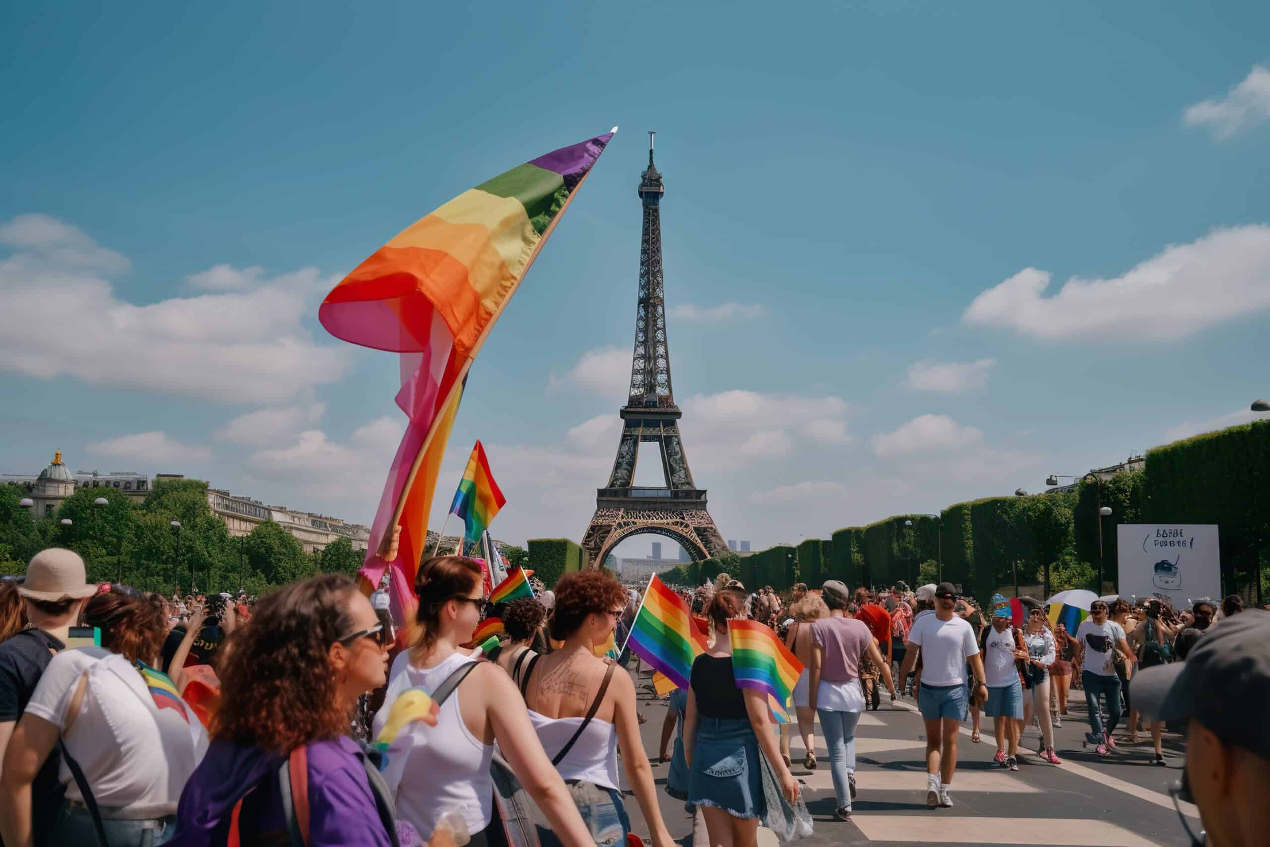 A group of people walking towards the Eiffel Tower in Paris waving and holding gay Pride flags. 