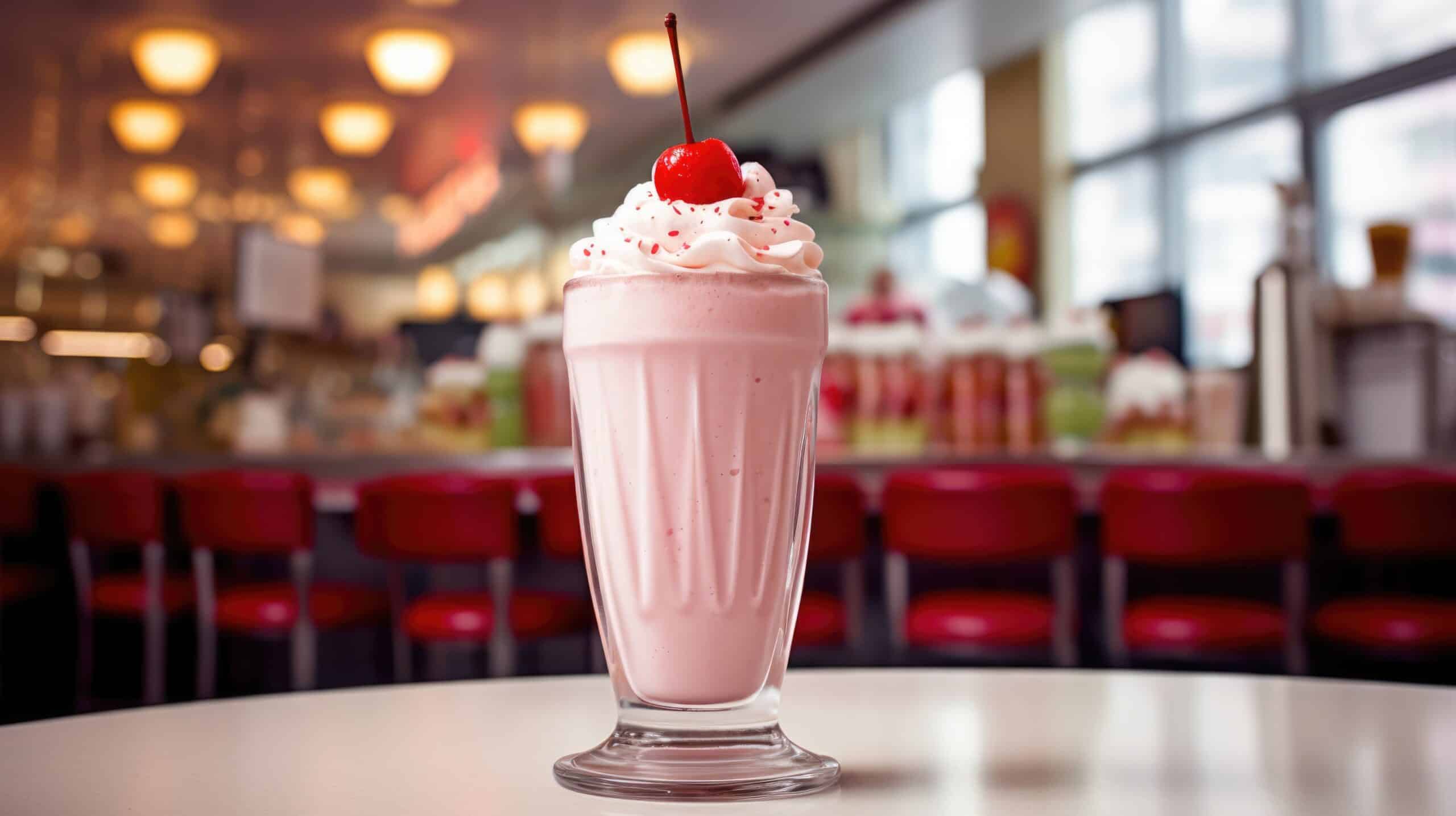 Strawberry milkshake on a table with an old time diner in the background.
