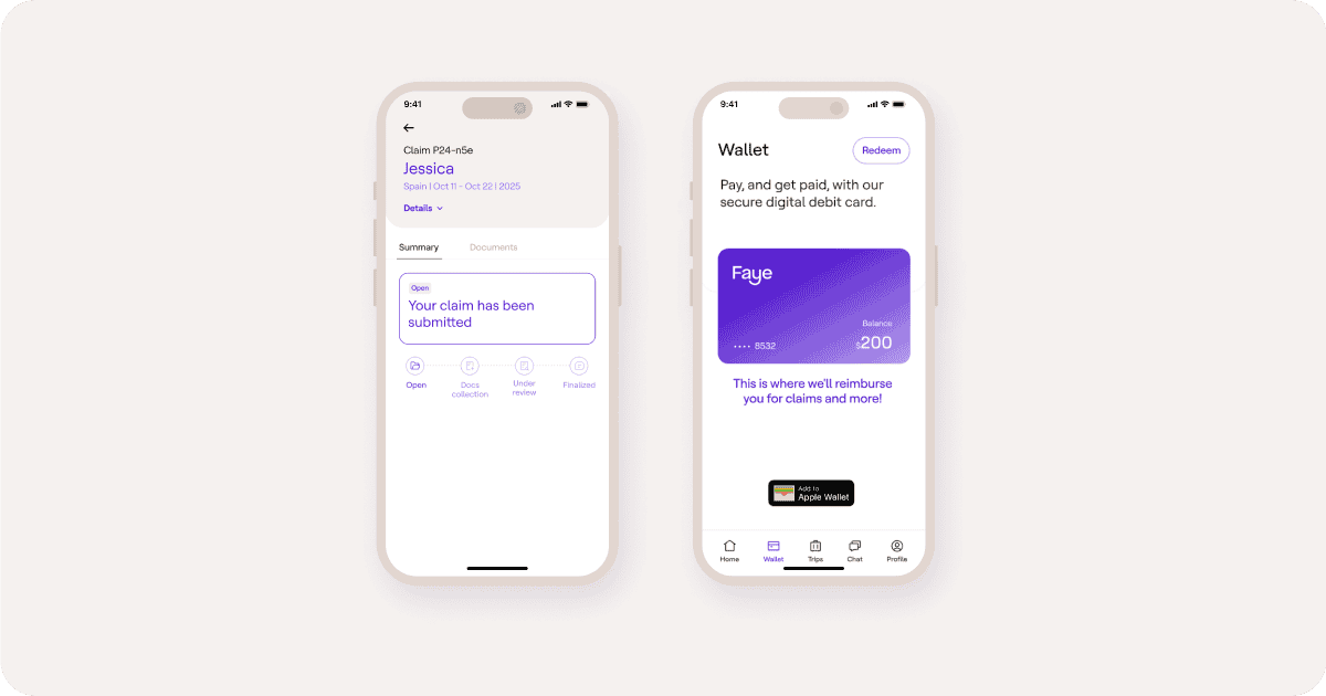 FiIling a claim app screen and the Faye Wallet app screens