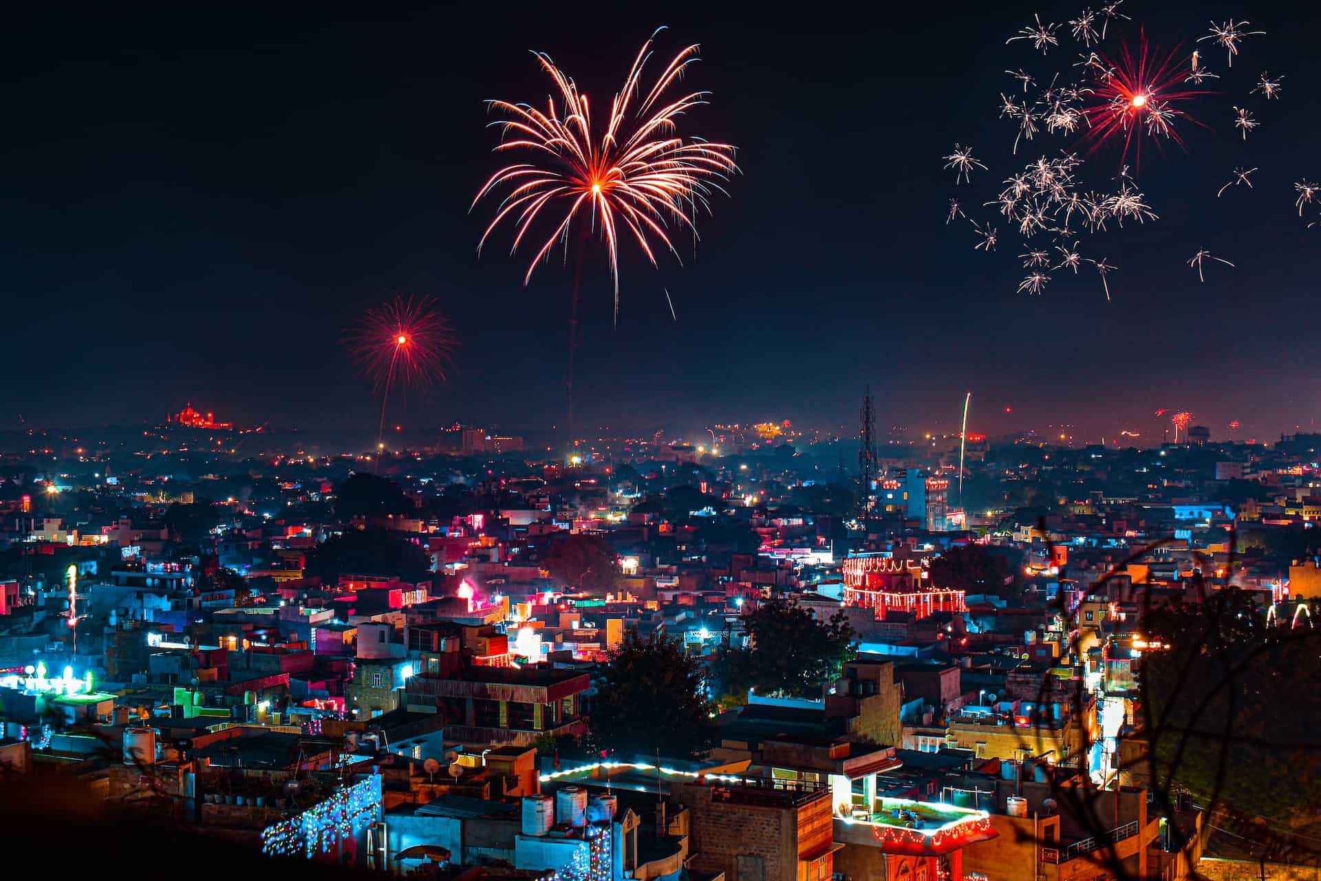 Fireworks over a city in India during Diwali