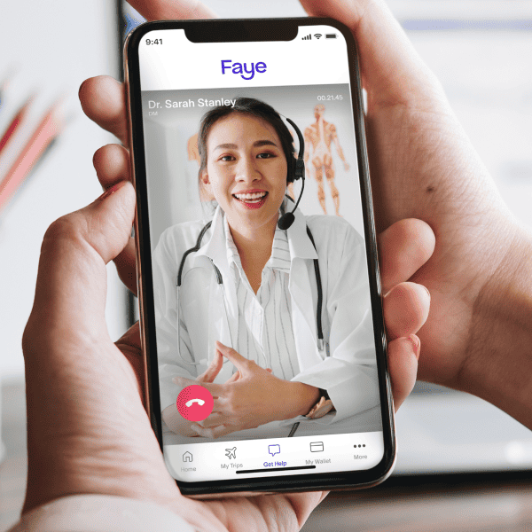 Video call with a doctor through the Faye app.