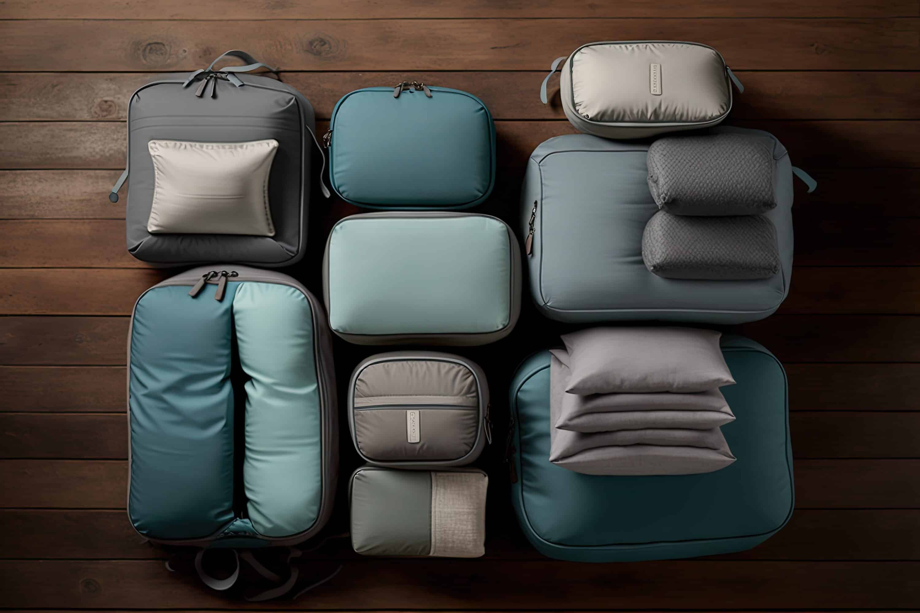 A bunch of  grey and blue packing cubes lined up on the floor in all different sizes.