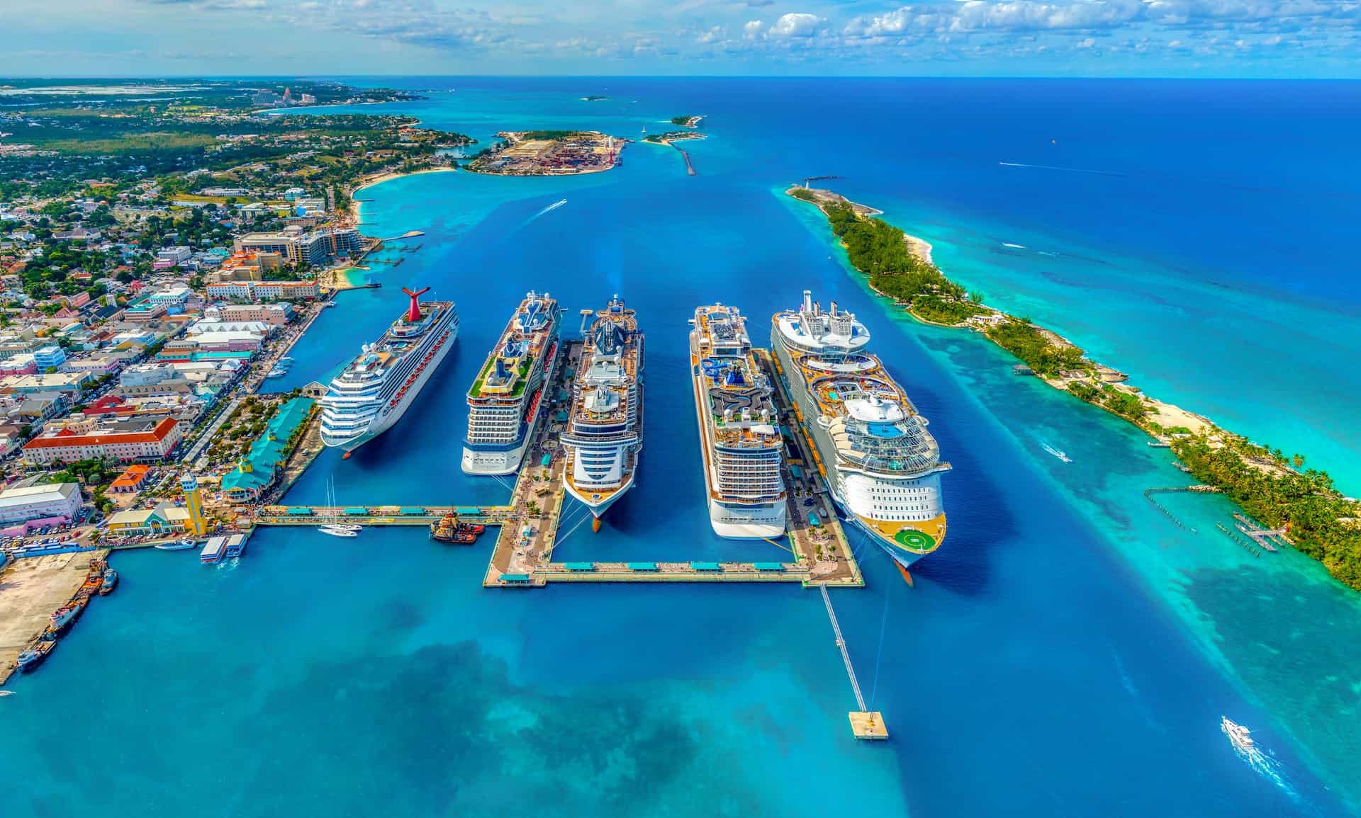 5 cruise ships in port in the Bahamas