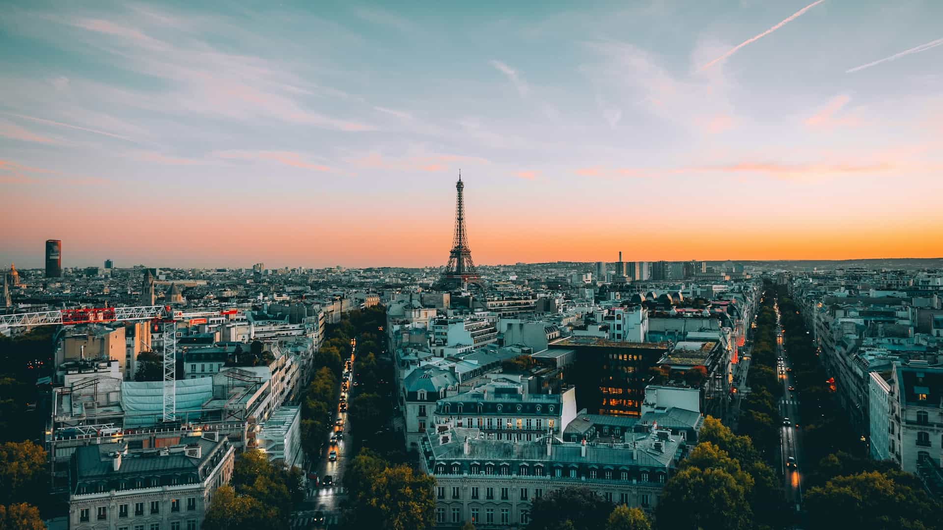 City view of Paris at sunset with the Eiffel Tower