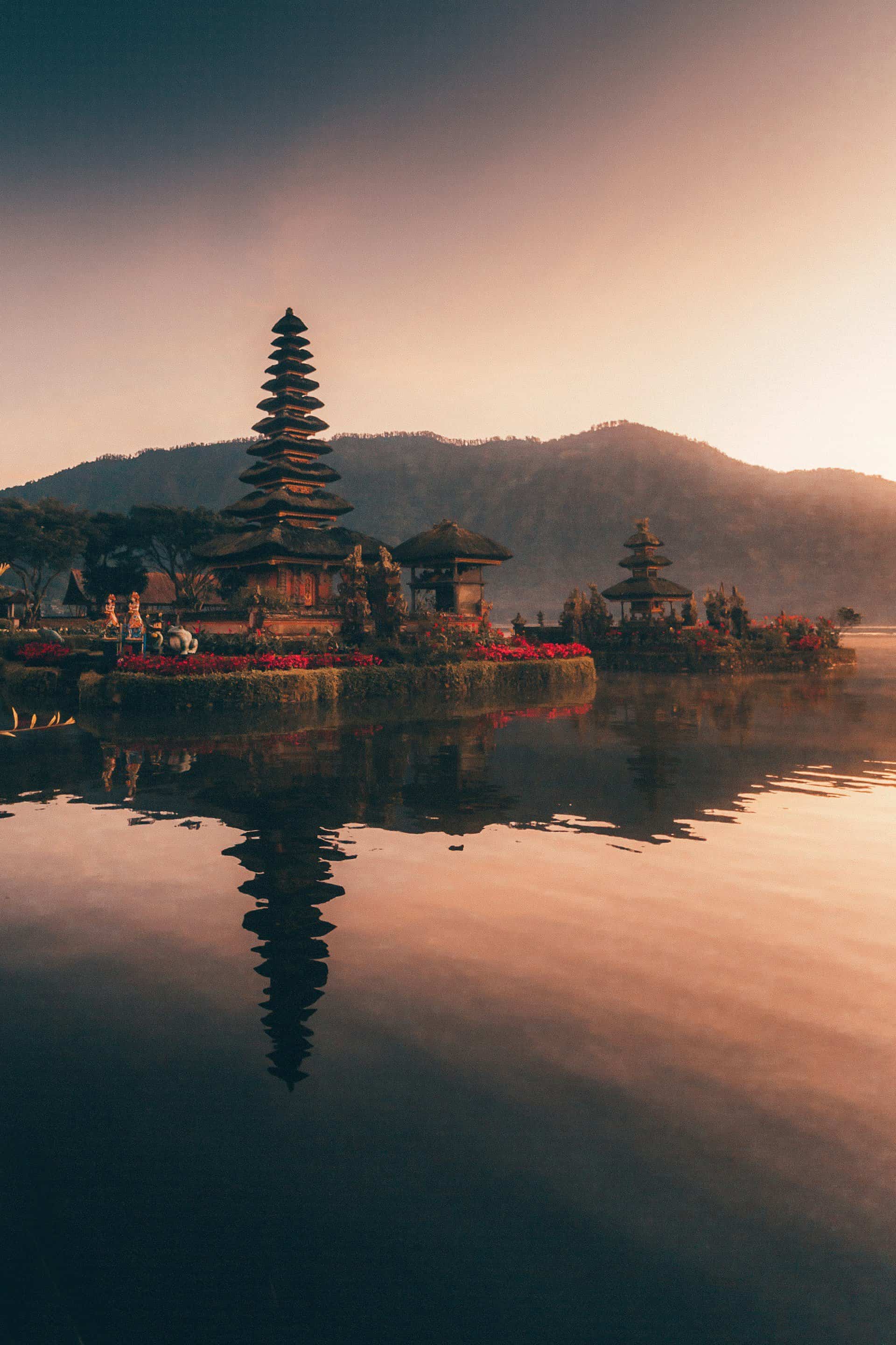 Temple at sunset in Bali, Indonesia